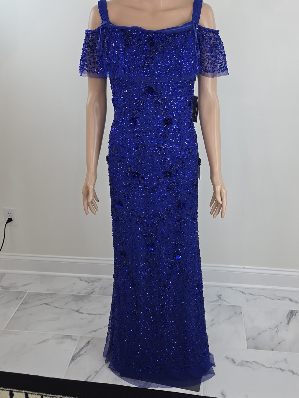 Adrianna Papell Off-Shoulder Beaded Evening Gown in Royal Blue - Picture 7 of 7